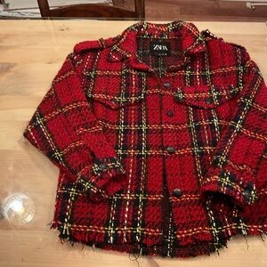 ZARA Red Plaid Tweed Jacket with Black & Yellow Accents